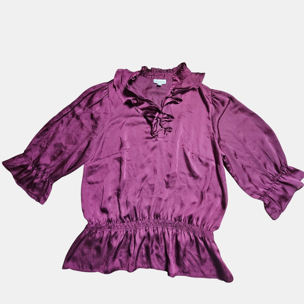 Dressbarn Satin Ruffle‎ Victorian Peplum Blouse 14/16 Burgundy Bohemian Revival